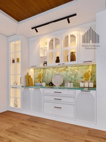Another angle of the crockery unit, showing its seamless integration with the wooden flooring and the thoughtful use of track lighting.