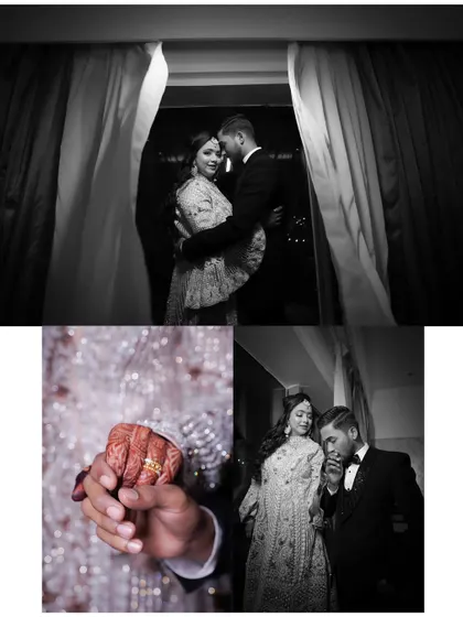 A collage of romantic moments. These black and white photos capture the intimate and happy connection between the bride and groom.