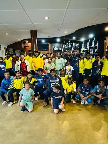 The team gathers in the clubhouse in Sri Lanka, surrounded by a rich history of cricket.