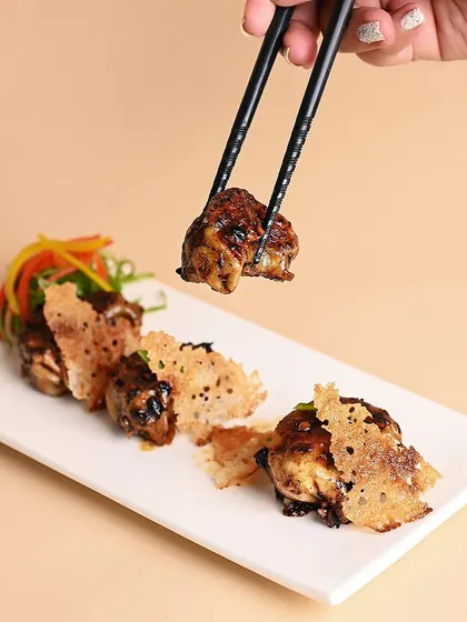 Nothing is more comforting than dim sum delivered to your doorstep. This is a close-up of my pan-fried gyoza, showcasing the crispy bottom and savory filling.