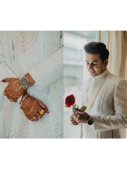 A collage focusing on the groom's details: his henna-adorned hands, his watch, and a romantic shot of him with a rose. It highlights the small but significant elements of his wedding day look.