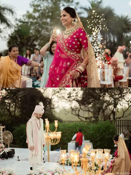 A two-part image capturing the bride's entry and the groom's anticipation. It tells the story of the moment they first see each other at the ceremony, filled with emotion and excitement.