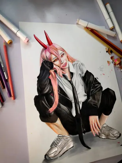 The finished 'Power' fan art, showcasing the full body illustration. The combination of markers for the base colors and colored pencils for shading creates a smooth, professional finish.