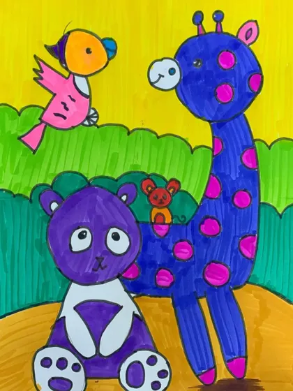 This adorable drawing of animal friends is a beautiful example of how we teach complex concepts like overlapping, placement, and proportion in an accessible way.