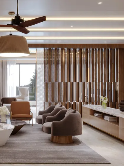 This angle showcases the wooden slat partition and the variety of seating options in the lounge.