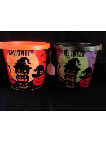 Halloween-themed buckets with lids, featuring spooky pumpkin and cat designs. These are great for party favors or holding treats.