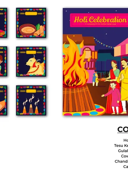 A complete kit for Holika Dahan puja. This set includes a Holi thali, Tesu ke phool, gulal, cow dung, chandan tika, and camphor.