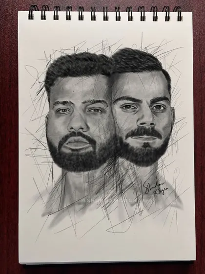 A creative composite sketch of Rohit Sharma and Virat Kohli, the iconic "Ro-Ko" duo. This artwork celebrates their partnership and leadership in Indian cricket.