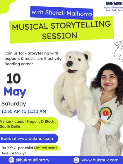 An announcement for one of my musical storytelling sessions in South Delhi. These events are designed for younger children, aged 4 to 7, and feature puppets, music, and a hands-on craft activity to keep them engaged.