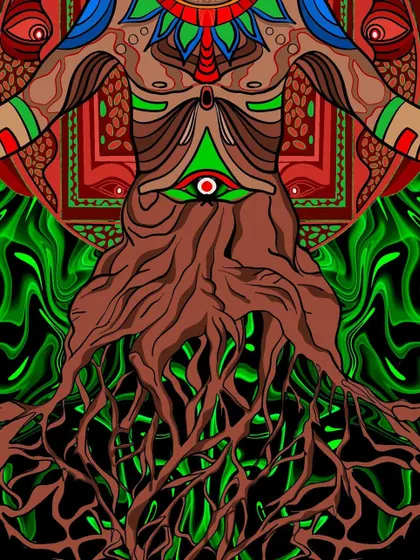 This is the lower section of the 'Root Chakra Healing' illustration, emphasizing the connection to the earth. The figure's body transforms into tree roots, grounding the spiritual energy depicted in the artwork.