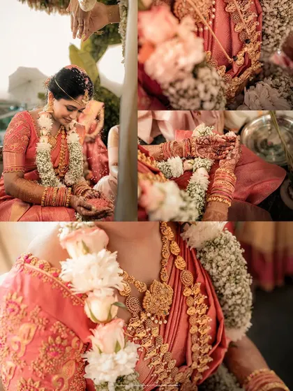 A collage showcasing different moments from the bride's ceremony. From her grand entrance to the intricate rituals, it tells a story of tradition and beauty.