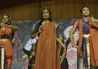 Performers from 'Ramayan' in a dramatic pose, showcasing the expressive storytelling that defines our productions.