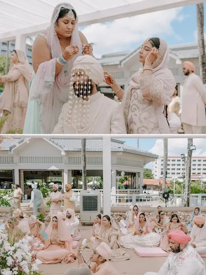 Rituals of a Sikh wedding. Family members help with the groom's sehra, and guests sit peacefully during the Anand Karaj ceremony.