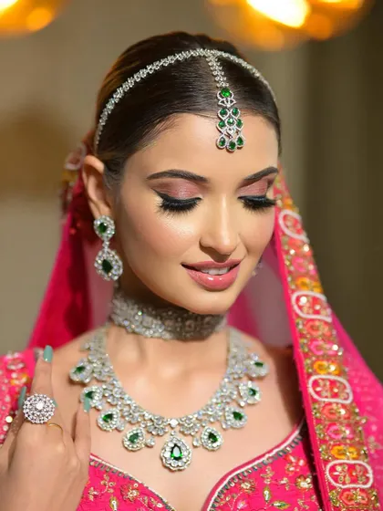 A close-up of this bride's beautiful pink and green look. The pink eyeshadow and emerald jewelry create a stunning combination.