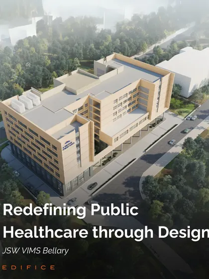 The JSW VIMS Bellary Maternity and Pediatric Hospital is a 400-bed facility designed as part of a CSR initiative. Our design prioritizes patient well-being through a central courtyard, sustainable strategies, and efficient circulation for a seamless caregiver experience.