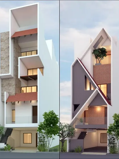 More facade options for the Proddatur house, playing with traditional sloped roofs and modern massing.