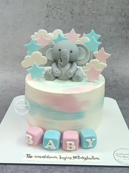 A lovely baby shower cake with a hand-molded elephant sitting among pink and blue stars. The base features "BABY" blocks, perfect for welcoming a little one.