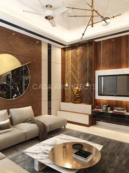 This living room concept combines rich wood paneling, a marble coffee table, and a unique wall art piece. The design plays with textures and materials to create a sophisticated and visually rich environment.