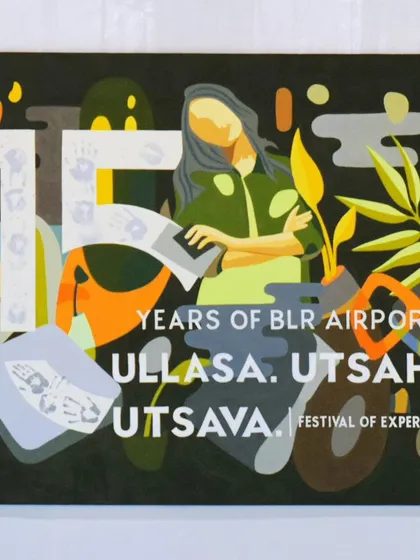 A section of the three-piece canvas we created with BIAL employees for their 15th anniversary. The artwork, titled 'Ullasa. Utsaha. Utsava.', celebrates a festival of experiences at the airport.
