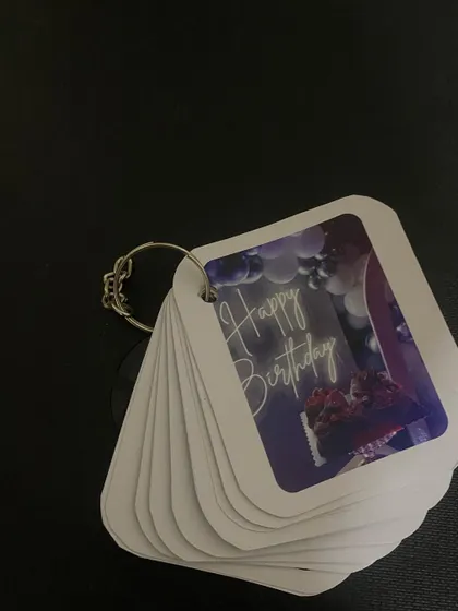 This memory keychain was created for a birthday, with the first card featuring a "Happy Birthday" message. It's a thoughtful and personal gift that tells a story through photos.
