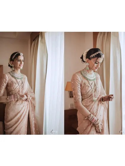 A diptych of the bride by the window, capturing her in both a candid, smiling moment and a more posed, elegant shot.