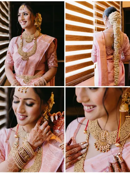 A collage of a South Indian bride in a pink saree, highlighting her traditional gold jewelry, elaborate hairstyle, and radiant smile.