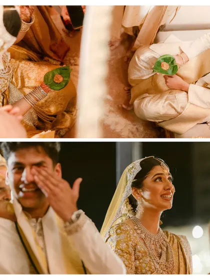 A collage capturing the emotional and traditional moments of a South Indian wedding ceremony, from the blessings to the tearful smiles.