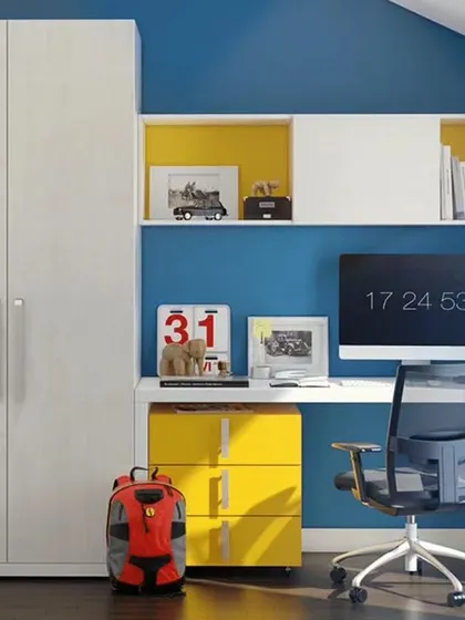 A compact and colorful study corner for a kid's room, using yellow and blue to create a vibrant and energetic mood.