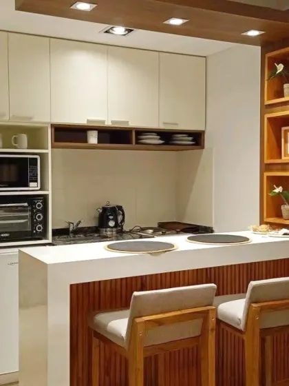An excellent example of a compact kitchen design for a small apartment. It cleverly integrates a microwave, oven, and mini-fridge below the counter, with a two-seater breakfast bar.