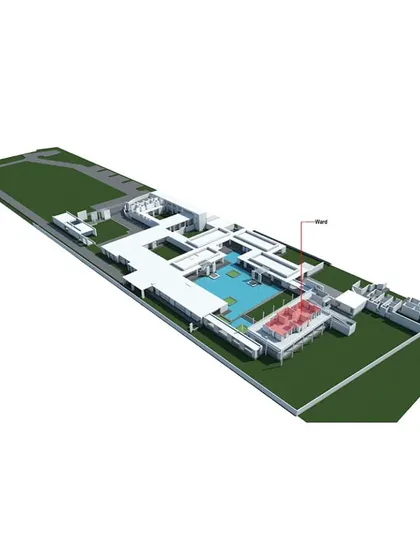 The 3D model with the new ward block highlighted, showing its relationship to the central water body.