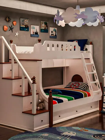 A classic white bunk bed with a nautical theme. The stairs have storage drawers, and the details on the banister give it a charming, traditional feel.
