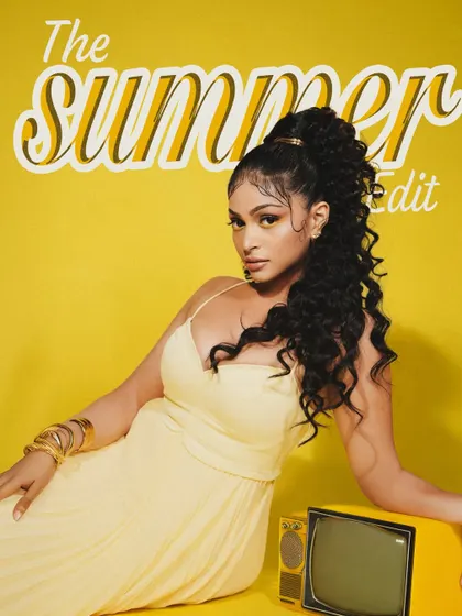 This image from our Summer Edit campaign has a cool, retro vibe. The model's confident pose next to a vintage TV perfectly complements her modern makeup and hairstyle.