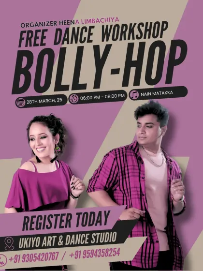 We often host free workshops for everyone to try out our classes. This flyer for our Bolly-Hop session gives you an idea of the exciting, no-pressure events we organize for the community.