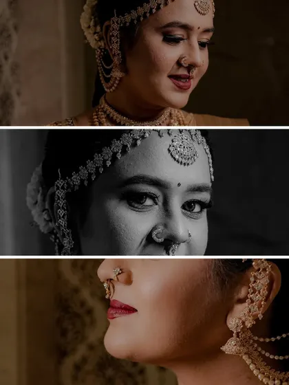 A triptych of close-up bridal shots, focusing on her smile, eyes, and jewelry. The mix of color and black and white adds artistic flair.