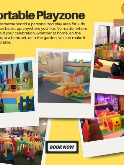 This graphic, designed like a collection of polaroids, showcases four different indoor playzone setups. It emphasizes that I can bring the fun to you, so you don't need to go out.