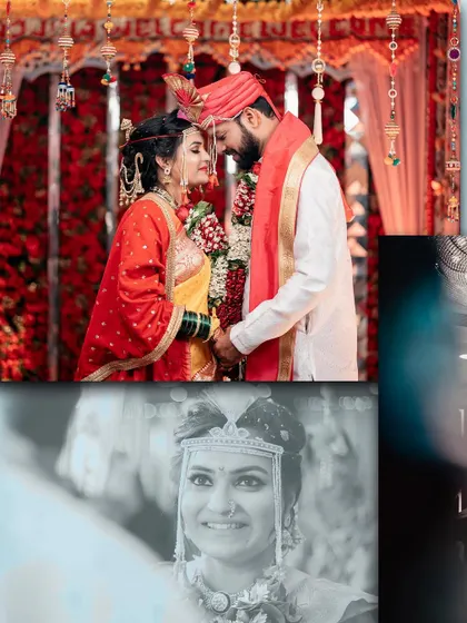 A mix of moments from the wedding day, including a beautiful black and white portrait of the bride and a shot of the couple at the mandap.