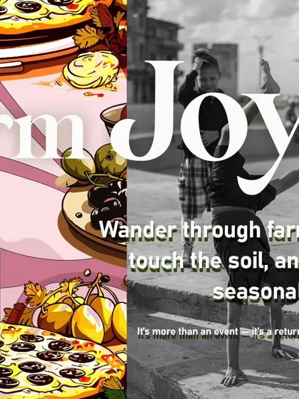 A collage promoting the joy of our farm events, combining food, nature, and movement.