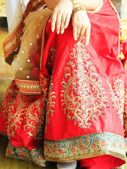 A detailed view of the intricate gold zardozi embroidery on the red bridal lehenga. The border features a unique elephant motif, adding a touch of traditional artistry to the design.