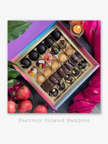 This is another look at my festively curated hamper, designed to elevate your Diwali gifting. This limited edition box is filled with a variety of my exquisite handmade delights, from chocolate truffles to brownie bites.