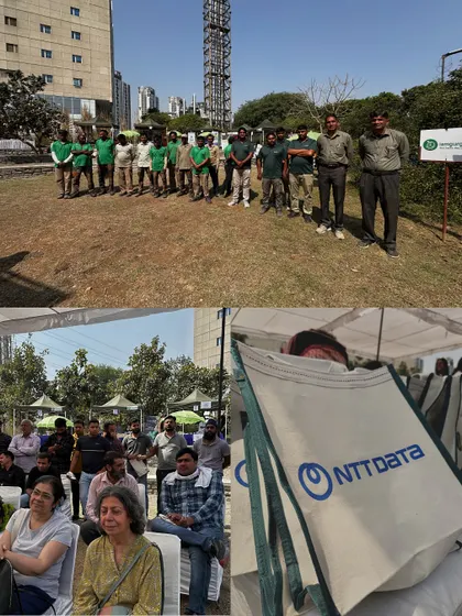 A collage showing the on-ground team and the crowd at the Eco Mela, an event made possible by our corporate partners and the Municipal Corporation of Gurugram.