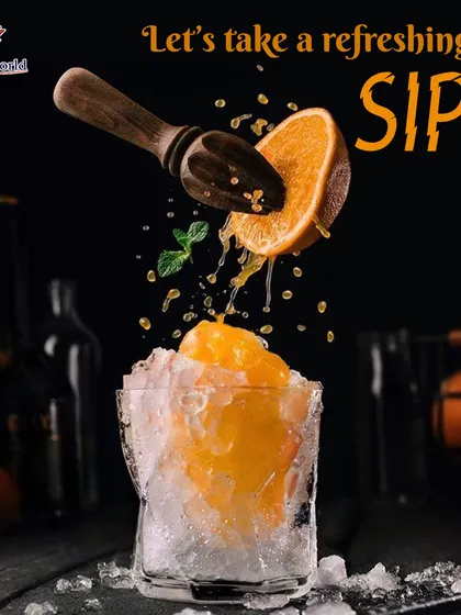 Let's take a refreshing sip. This dynamic image of fresh orange being squeezed over ice is a promise of the fresh ingredients and invigorating flavors we use.