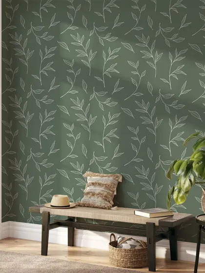 Our green wallpaper with delicate white leaf outlines is perfect for creating a calm and natural ambiance. It’s a versatile design that works well in entryways, living rooms, or bedrooms.