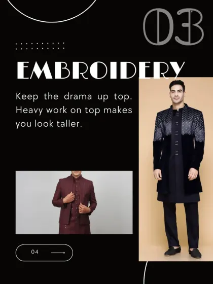 How to look taller, tip 3: Keep the drama up top. Heavy embroidery on the shoulders and chest draws the eye upward.