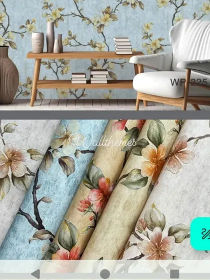 A collage of various floral wallpapers, shown in a room setting and as a collection of colorful rolls.