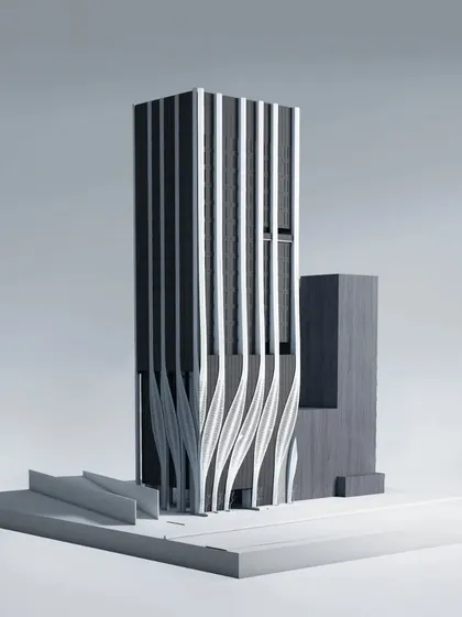 A physical model of the ID Origins project, used during the design process to study the form and massing of the building.