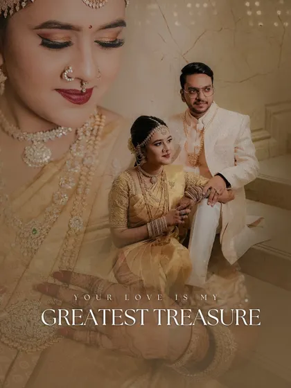 A beautiful double-exposure style portrait of the couple, with the quote "Your love is my greatest treasure," creating a deeply romantic and artistic image.