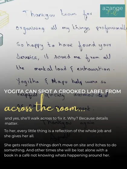 "So happy to have found your service, it saved me from all the mental load & exhaustion." This handwritten note from a client, layered over an image of our team member Yogita, highlights the real, emotional benefit of our work.