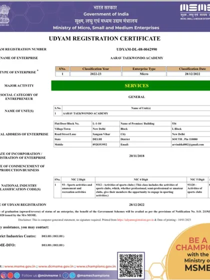 The official Udyam Registration Certificate for Aarav Taekwondo Academy from the Government of India (MSME). This document formalizes our status as a recognized service provider.