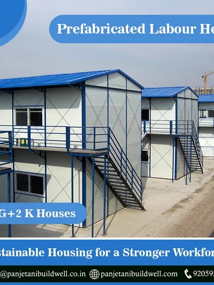 A row of our G+1 and G+2 prefabricated labour houses on a construction site. We provide sustainable and scalable housing solutions to support a stronger, more comfortable workforce.
