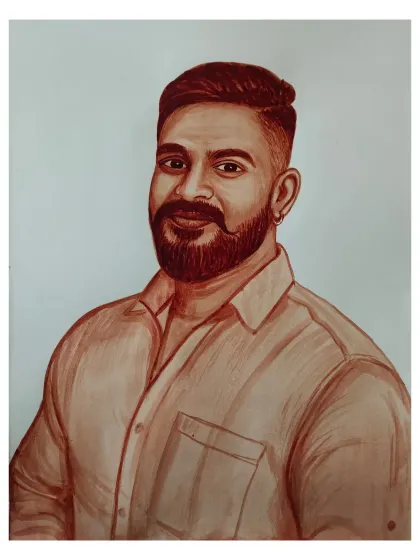 A striking blood portrait of a man with a modern hairstyle and a well-defined beard. I use fine brushwork to capture the texture of hair and skin.